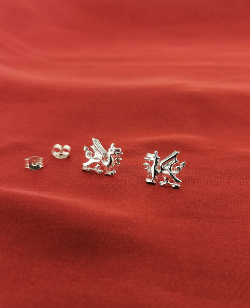 Solid Sterling Silver Welsh Dragon Stud earrings Wales Flag Emblem Jewellery 