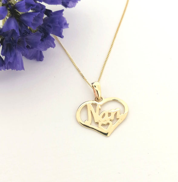 Solid 9ct Yellow Gold Nan Heart shaped Pendant Necklace with Gold Chain