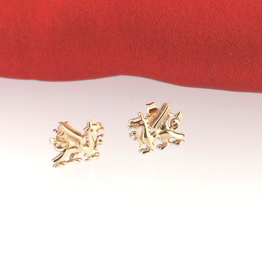 Solid 9ct Yellow Gold Welsh Dragon Stud Earrings Ladies Symbol of Wales Jewellery