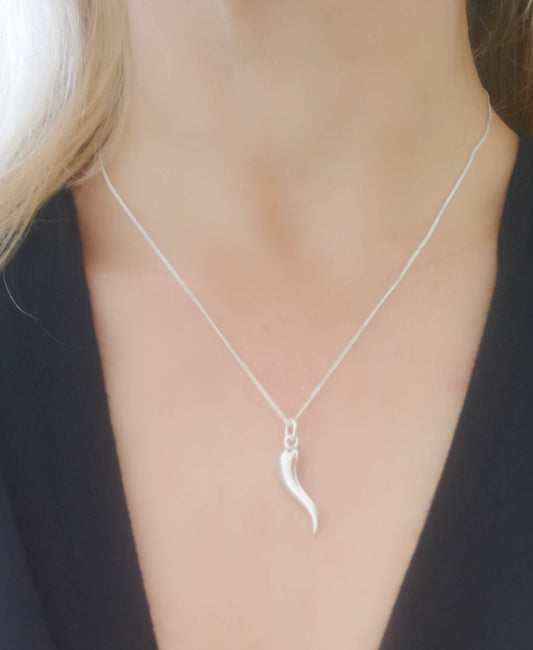 Womens Neapolitan Corno Good Luck Charm Pendant Sterling Silver