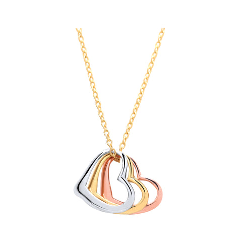 Multiple Colour 3 Hearts White Yellow Rose 9ct Gold Necklace Gift For Her