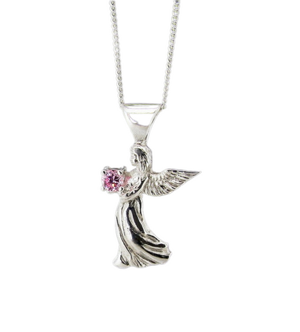 Sterling Silver Catholic Christian Guardian Angel Pendant Necklace Pink Diamond Simulant