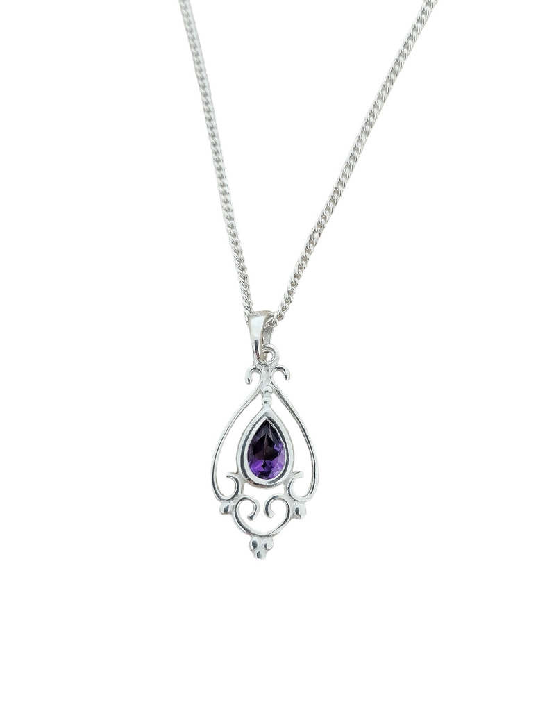 Sterling Silver Vintage Amethyst Victorian Style Pendant Necklace 