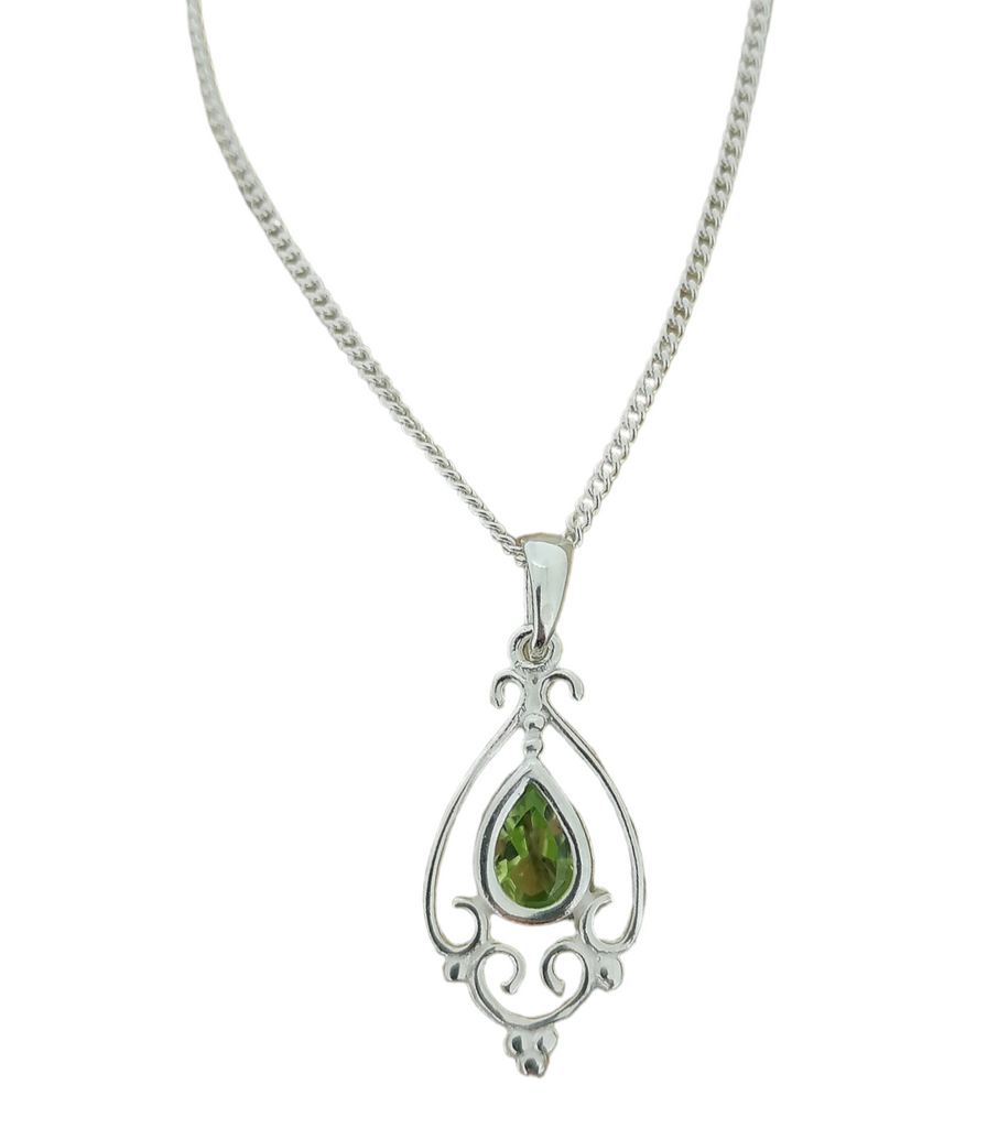 Sterling Silver Vintage Peridot Pendant Necklace Victorian Style 