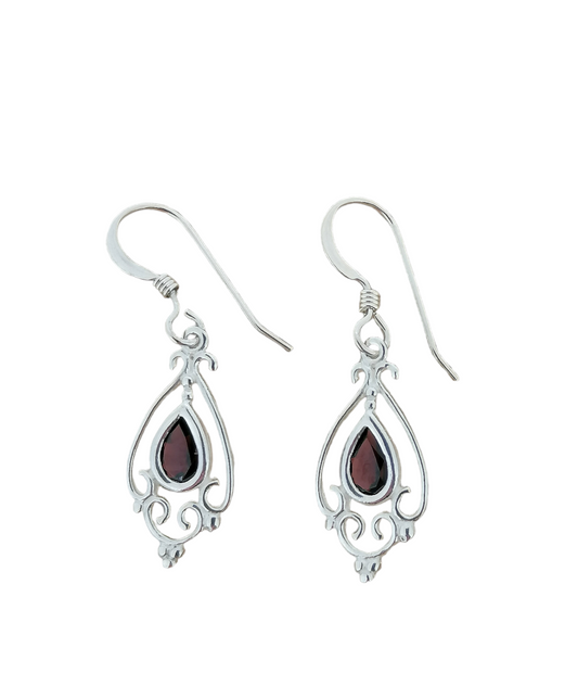 Sterling Silver Vintage Garnet Drop Earrings Victorian Style January Birthstone 