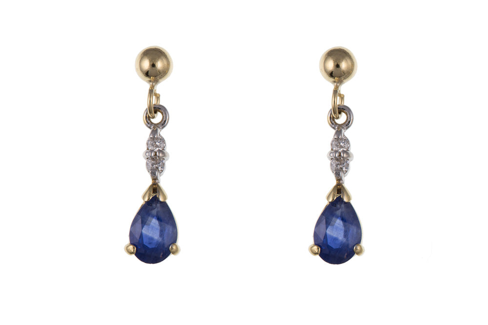 Real Kanchan Sapphire and Diamond Pear Drop Earrings 9ct Yellow Gold September Birthstone