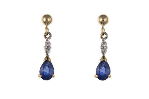 Real Kanchan Sapphire and Diamond Pear Drop Earrings 9ct Yellow Gold September Birthstone