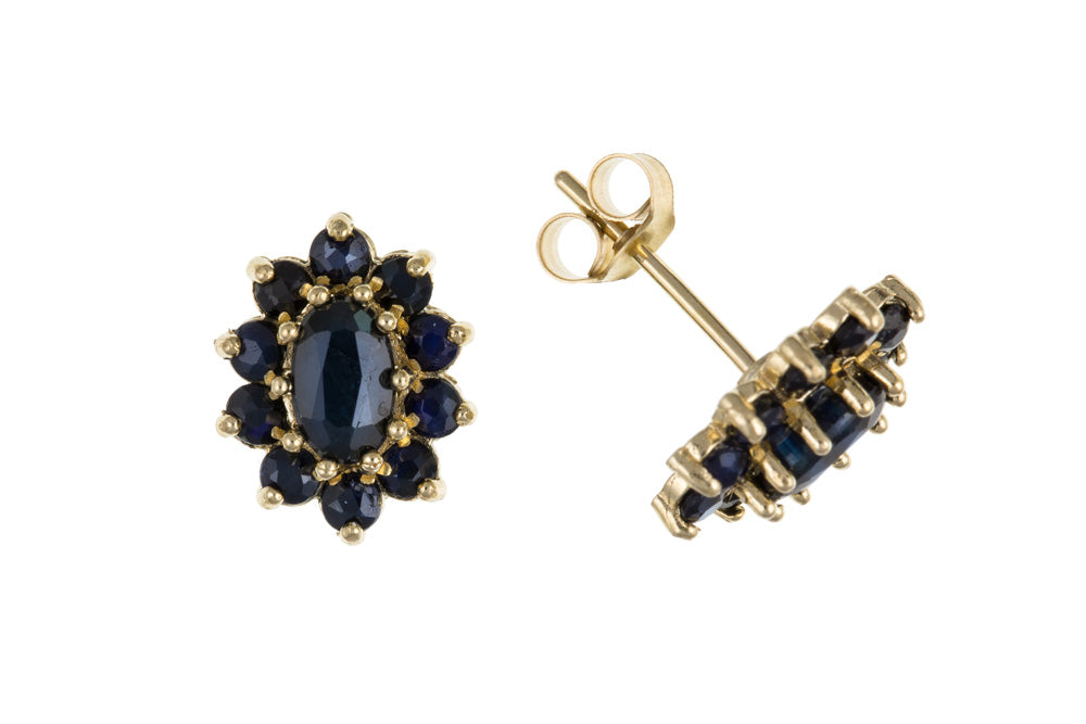 Women's 9ct Yellow Gold Real Sapphire Cluster Stud Earrings September Birthstone