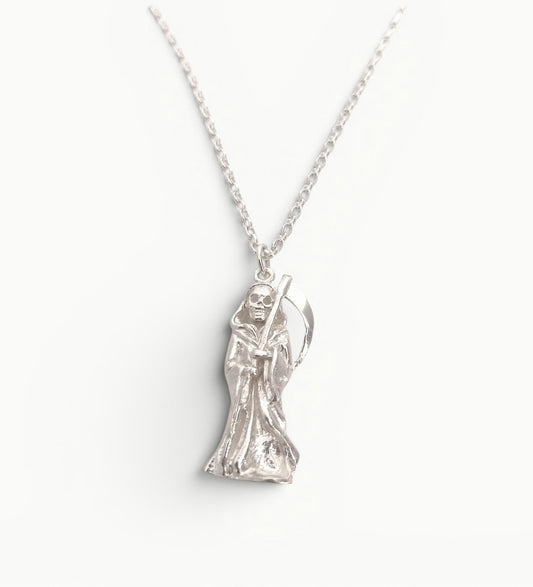 Sterling silver pendant necklace featuring a detailed sculpture of the Grim Reaper holding a scythe, on sterling silver 22" 1.7mm wide belcher link chain. Symbol of mortality. 