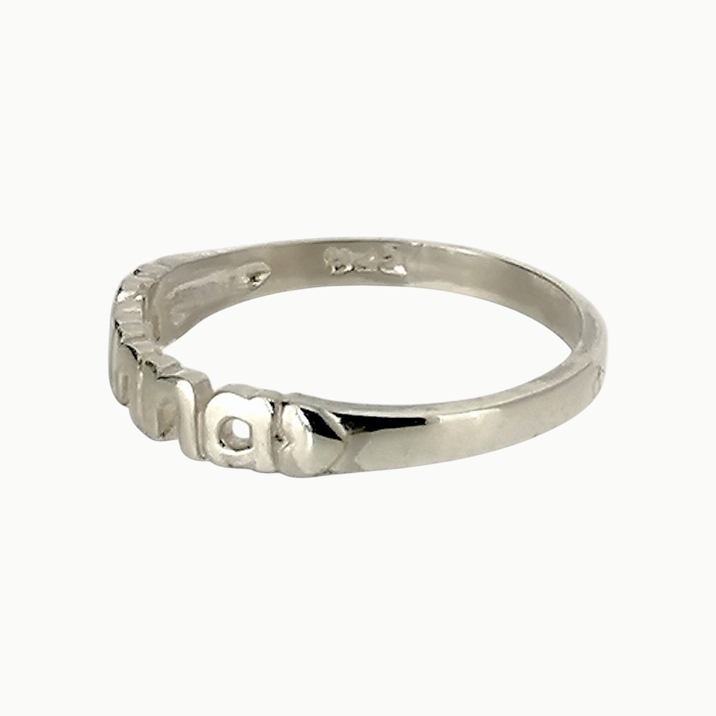 Side view of highly polished finish sterling silver nanna band ring with hearts 