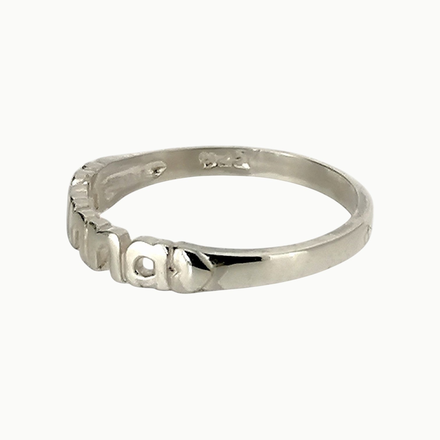 Side view of highly polished finish sterling silver nanna band ring with hearts 