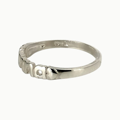Side view of highly polished finish sterling silver nanna band ring with hearts 
