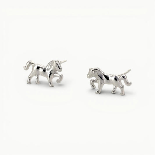 Sterling silver small prancing pony horse stud earrings. 