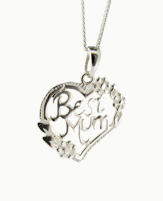 Sterling silver Best Mum heart shape pendant with flowers on an 18" silver curb link chain 