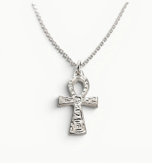 Ankh Cross with Hieroglyphs Pendant Sterling Silver