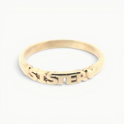 9ct Yellow Gold sister word band ring with hearts 