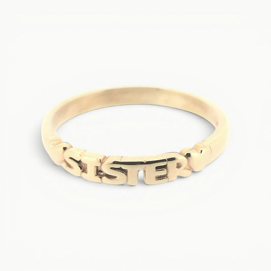 9ct Yellow Gold sister word band ring with hearts 