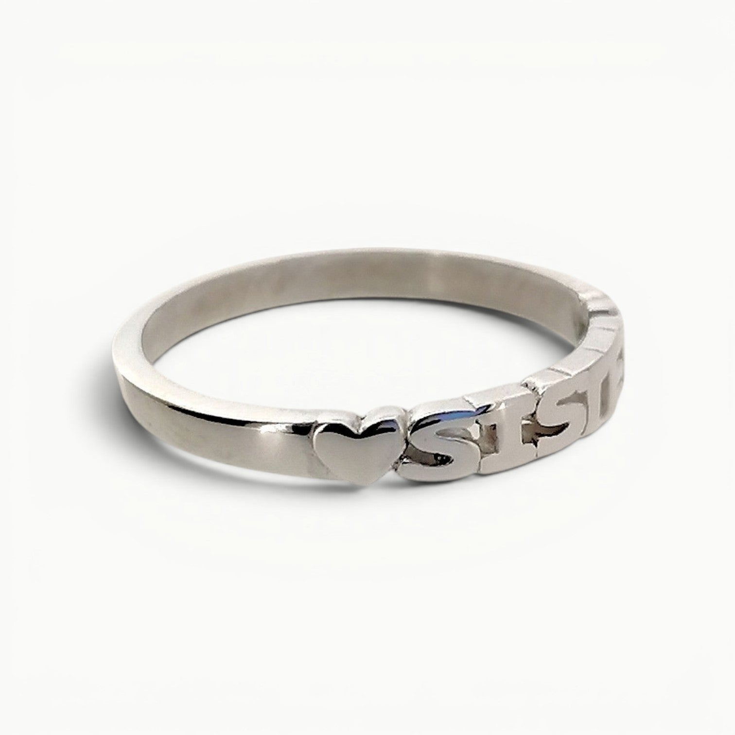 Side view of sterling silver sister band ring with hearts
