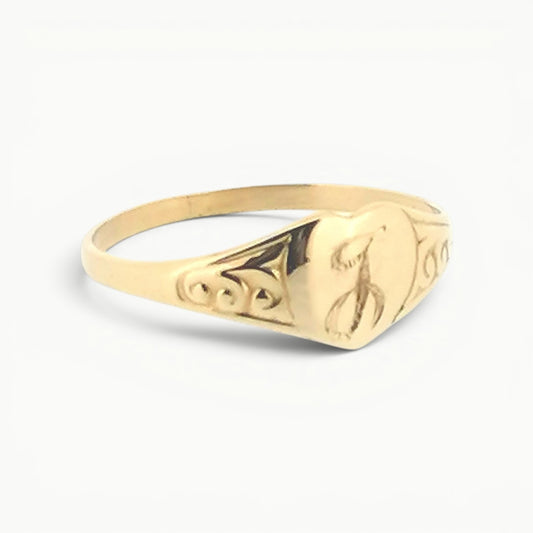 Personalised Script Letter Engraved 9ct Yellow Gold Heart Signet Ring