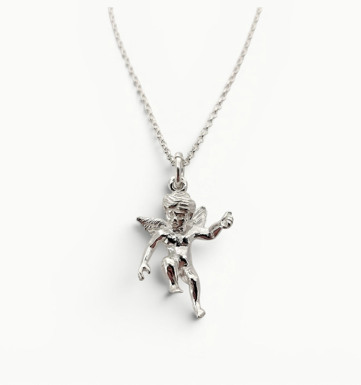 Sterling silver cherub charm pendant on a 20" 1.4mm wide belcher. 