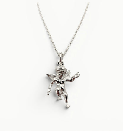 Sterling silver cherub charm pendant on a 20" 1.4mm wide belcher. 