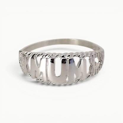 Sterling silver Mum word ring with featured hearts 