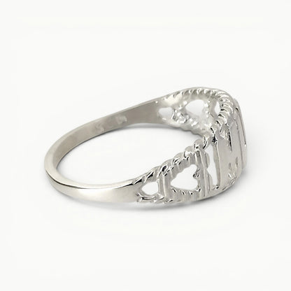 Side view of sterling silver Mum ring with featured hearts 