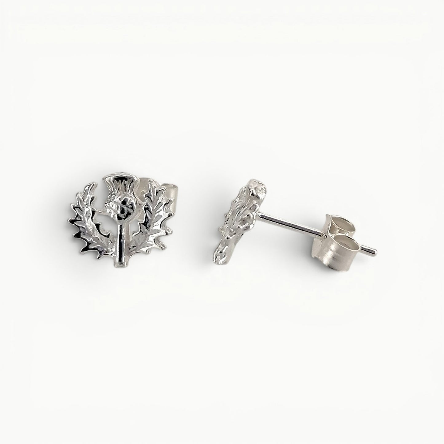 Sterling silver Scottish thistle stud earrings side view