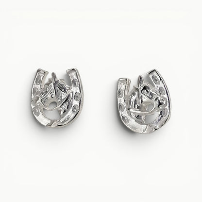 Sterling Silver horseshoe with horse head stud earrings. 