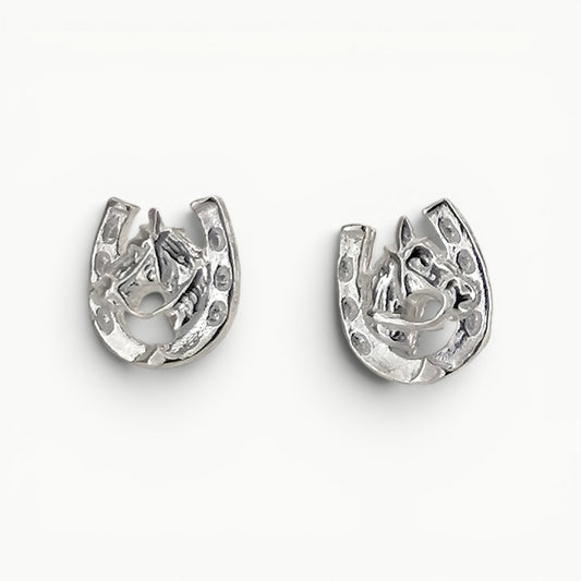 Sterling Silver horseshoe with horse head stud earrings. 
