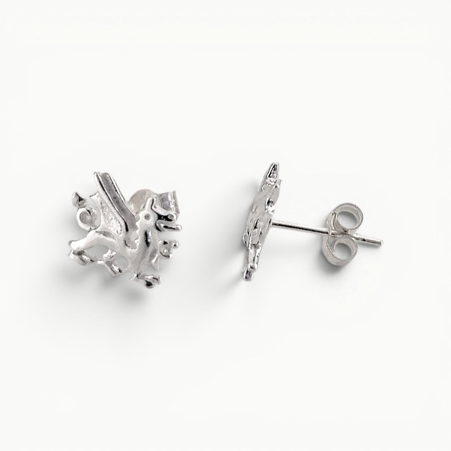 Sterling Silver Welsh dragon stud earrings side view. 