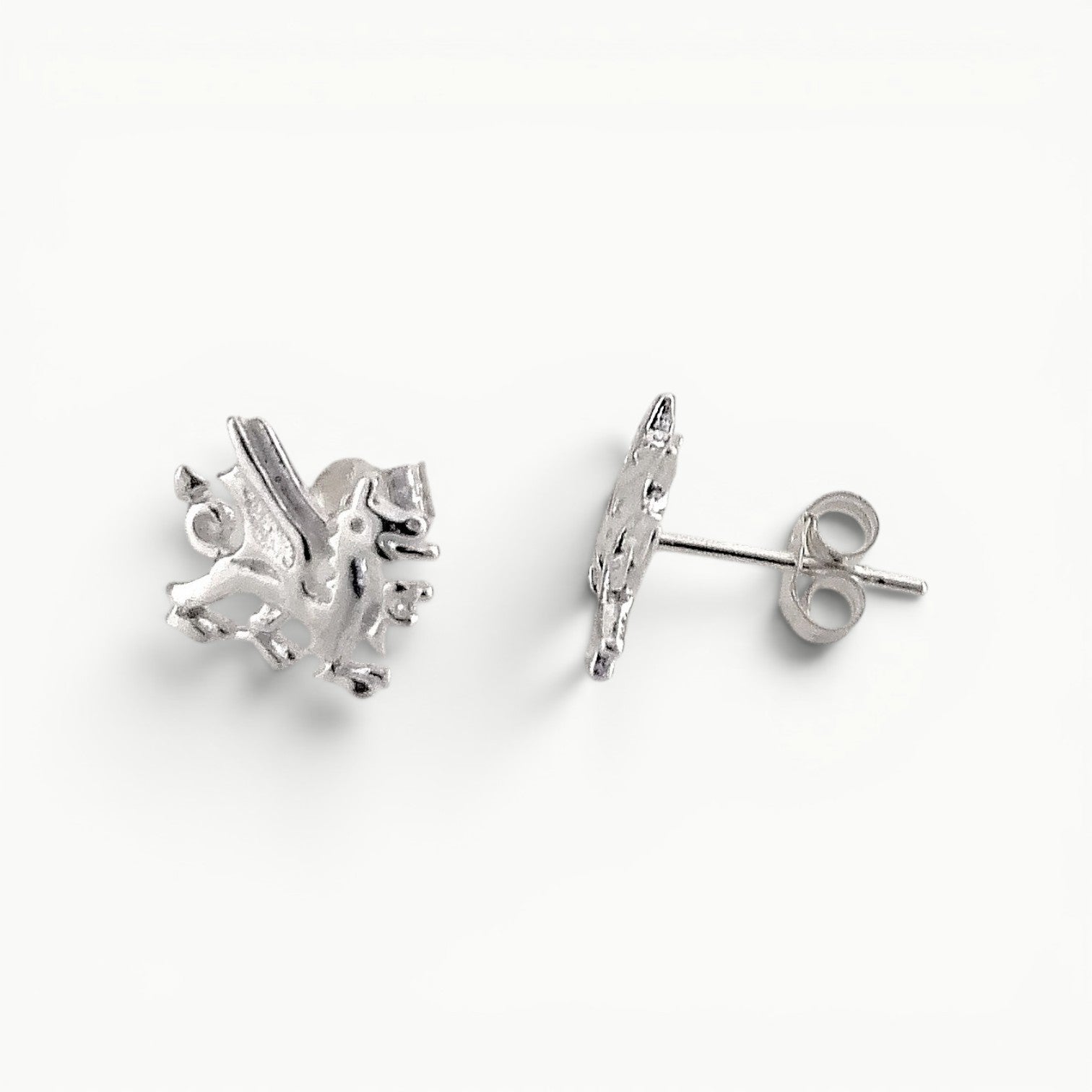 Sterling Silver Welsh dragon stud earrings side view. 