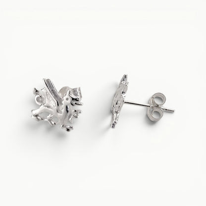Sterling Silver Welsh dragon stud earrings side view. 