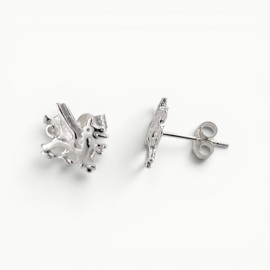 Sterling Silver Welsh dragon stud earrings side view. 