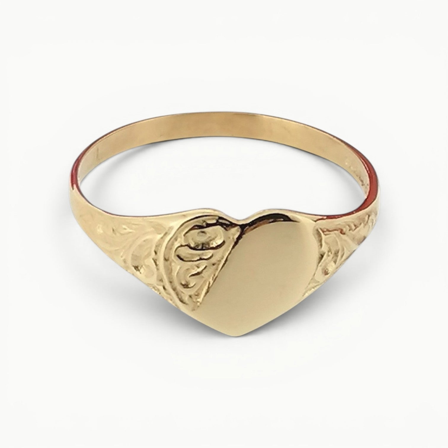 9ct Yellow Gold half engraved heart shape signet ring ladies