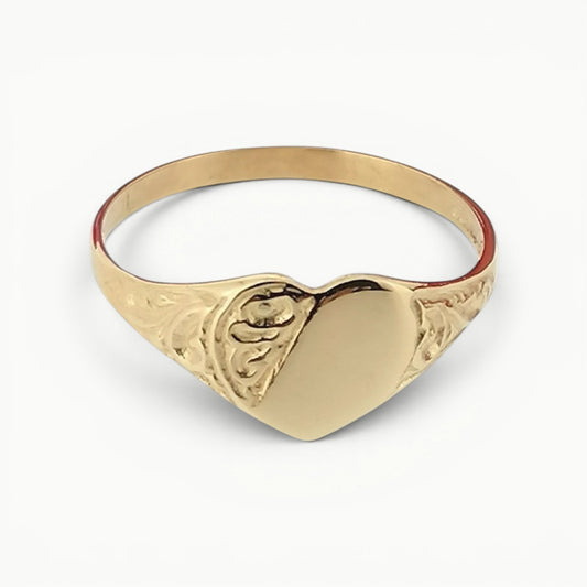 Half Engraved Heart Signet Ring 9ct Yellow Gold