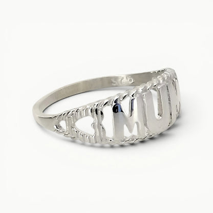 Side view of sterling silver Mum ring with hearts
