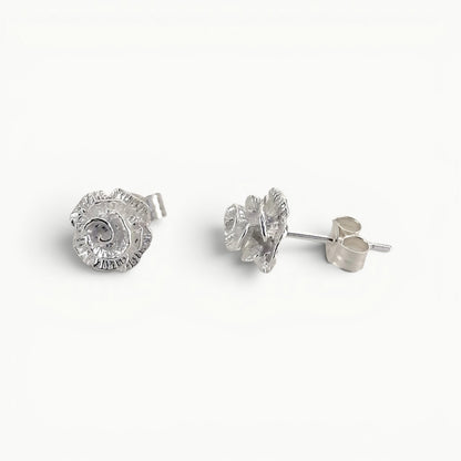 Sterling silver English rose flower stud earrings side view. 