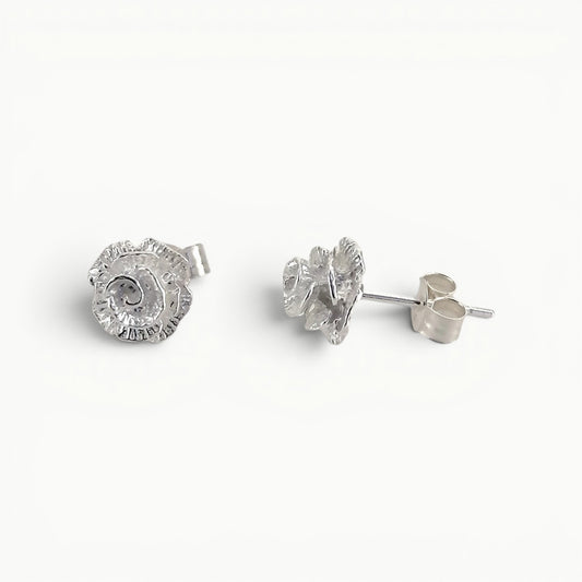 Sterling silver English rose flower stud earrings side view. 