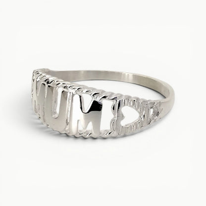Sterling silver Mum word ring with hearts side view