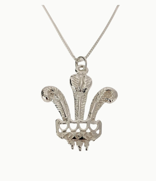 Sterling silver prince of wales feathers pendant on a 22" 1.7mm wide sterling silver belcher link chain. 