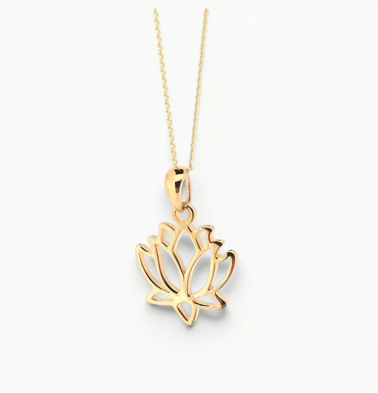 9ct Yellow Gold lotus flower pendant with 18" curb link chain necklace. Symbol of purity, strength and resilience. 