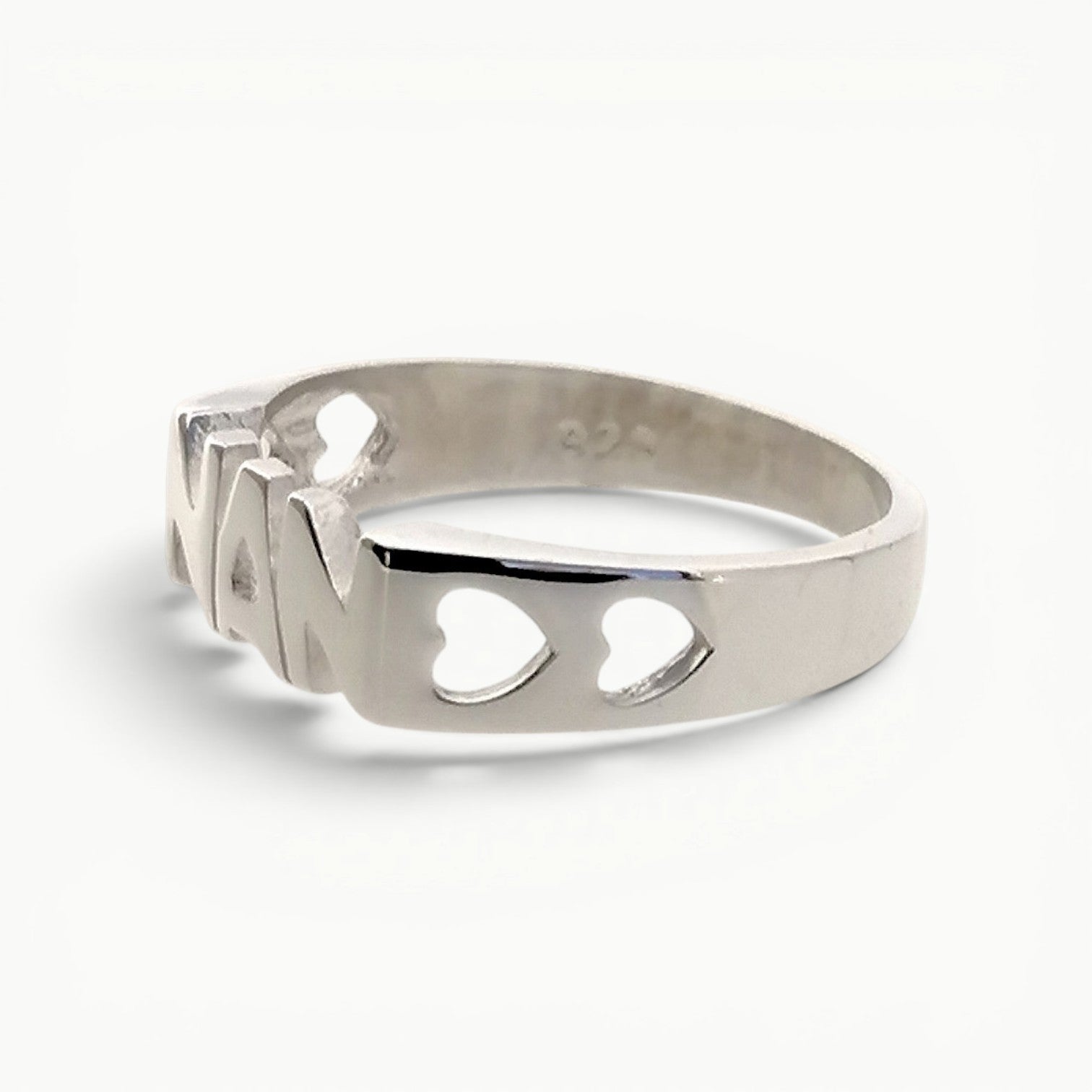 Sterling silver Nan ring with hearts side view