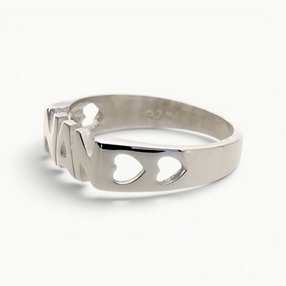 Sterling silver Nan ring with hearts side view