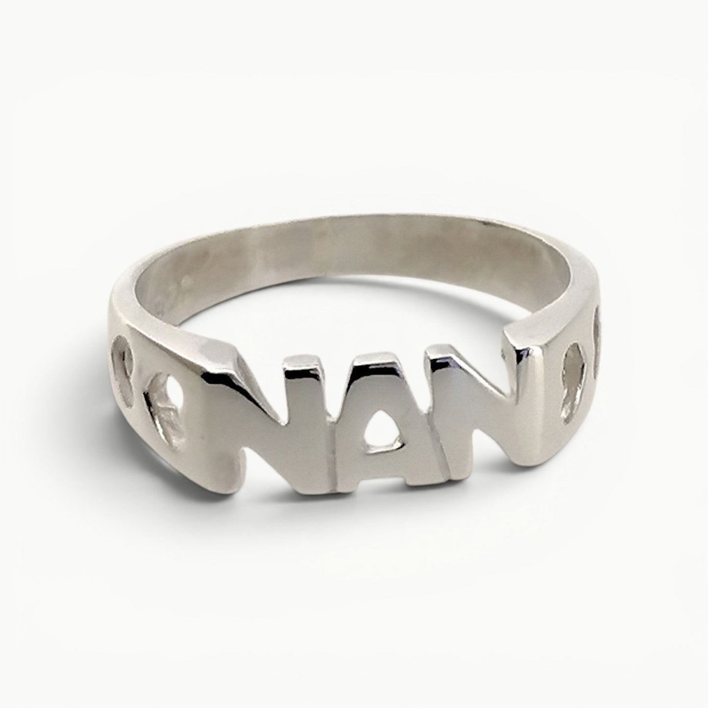 Sterling silver Nan word ring with featured hearts 