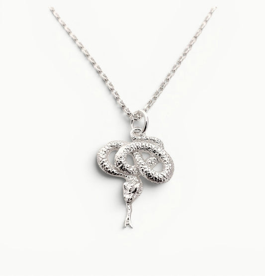 Sterling Silver coiled snake pendant on a 22" 1.7mm wide belcher link chain. 