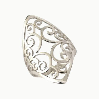 Sterling silver large dress ring with intricate filigree design