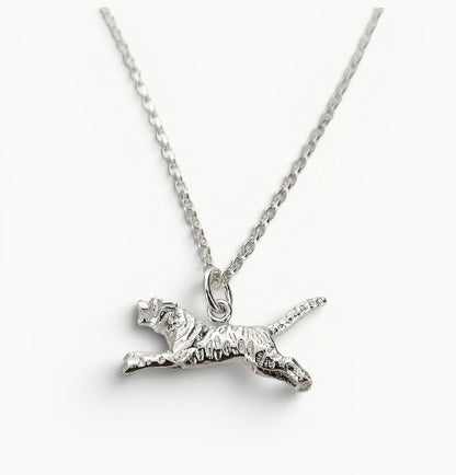 Sterling silver tiger charm pendant on a 22" belcher link chain for men and women. Symbol of courage.