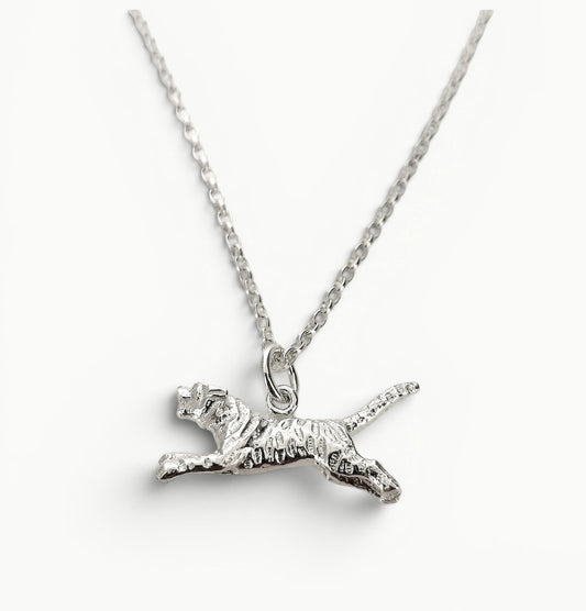 Sterling silver tiger charm pendant on a 22" belcher link chain for men and women. Symbol of courage.