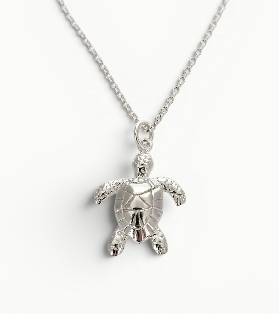 Sterling silver sea turtle charm pendant on a 20" belcher link chain for men and women.